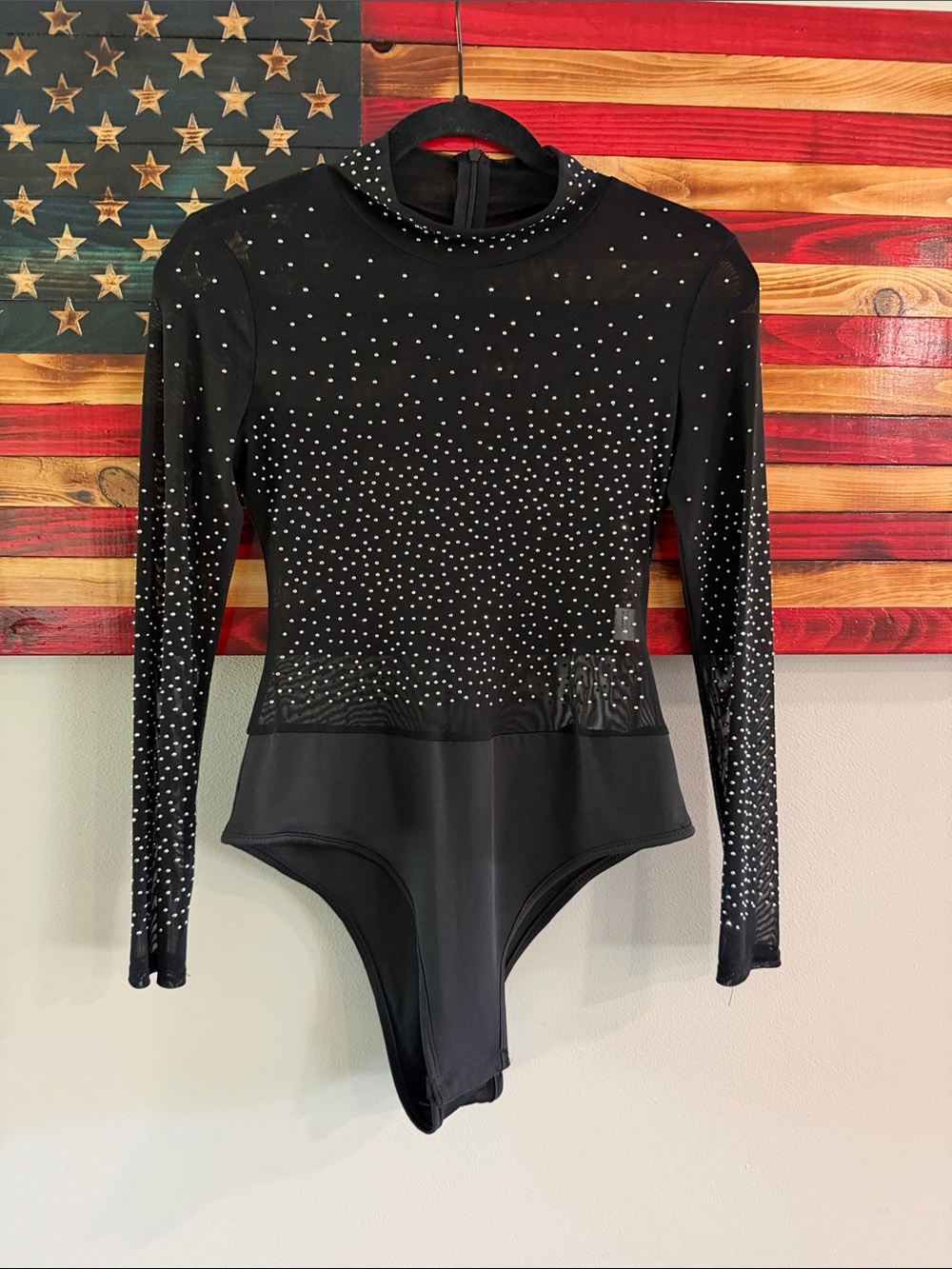 NWOT Black Rhinestone Mesh Bodysuit